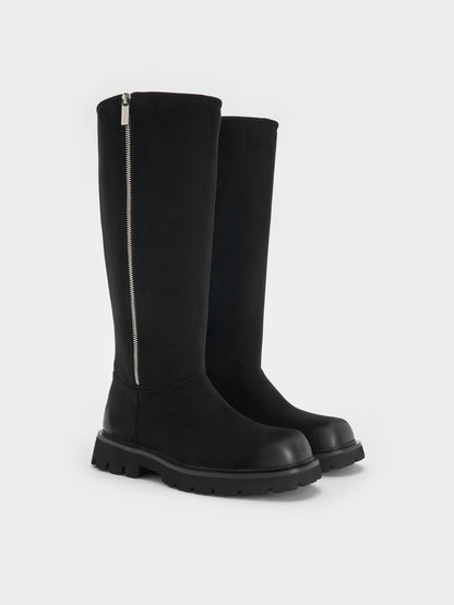 CHARLES & KEITH Top Pick / Rosamond Faux Suede Knee-High Boots - Black Textured