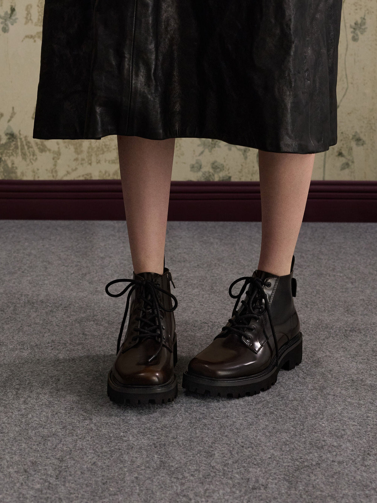 CHARLES & KEITH Sale / Ridged-Sole Side-Zip Combat Boots - Dark Brown