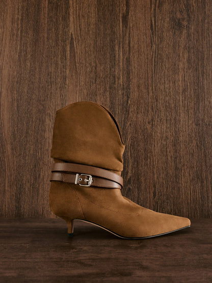 CHARLES & KEITH Best Seller / Karter Faux Suede Kitten-Heel Boots - Cognac