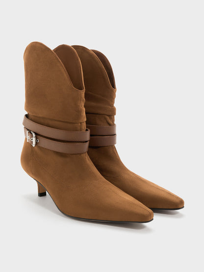 CHARLES & KEITH Best Seller / Karter Faux Suede Kitten-Heel Boots - Cognac