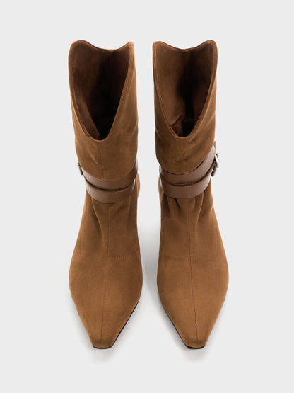 CHARLES & KEITH Best Seller / Karter Faux Suede Kitten-Heel Boots - Cognac