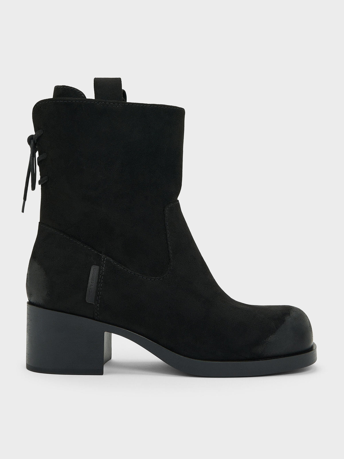 CHARLES & KEITH Special Offer / Rosamond Faux Suede Back-Lace Calf Boots - Black Textured