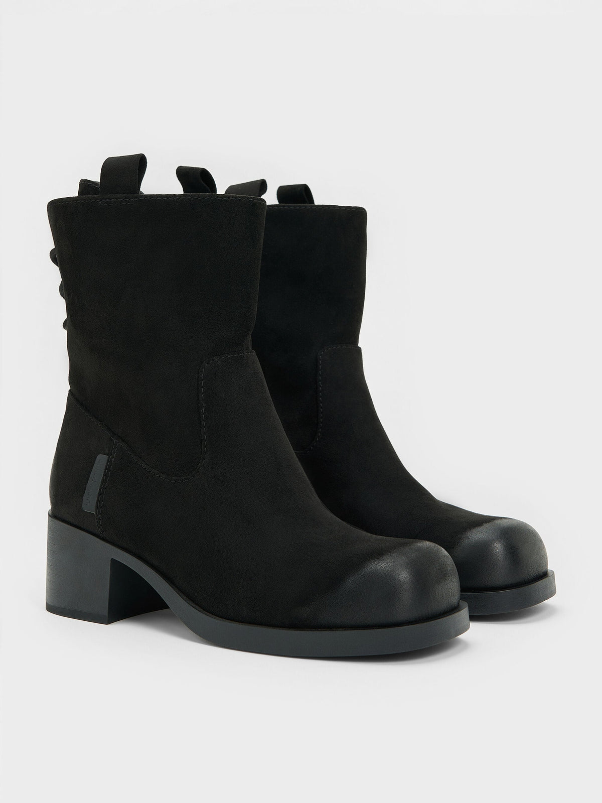 CHARLES & KEITH Special Offer / Rosamond Faux Suede Back-Lace Calf Boots - Black Textured