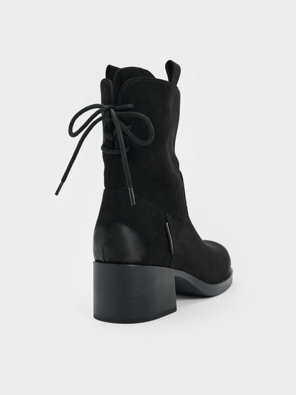 CHARLES & KEITH Special Offer / Rosamond Faux Suede Back-Lace Calf Boots - Black Textured