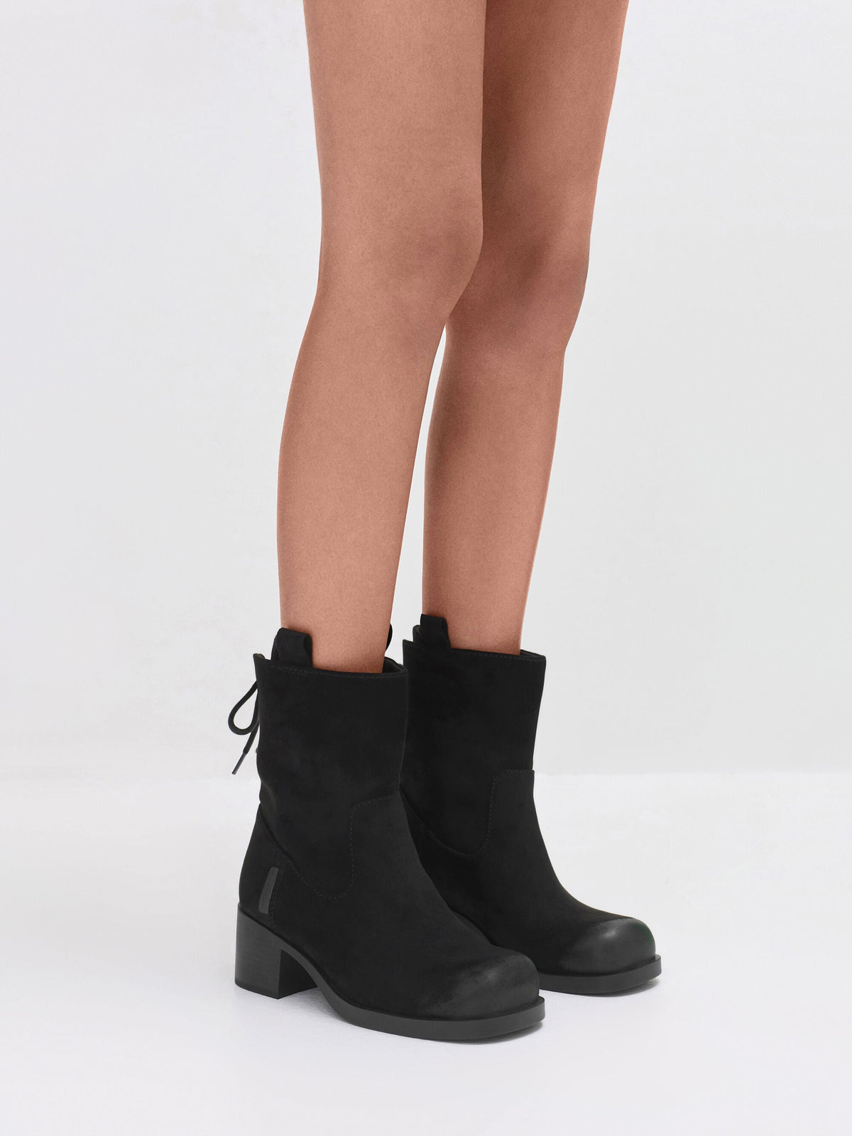 CHARLES & KEITH Special Offer / Rosamond Faux Suede Back-Lace Calf Boots - Black Textured