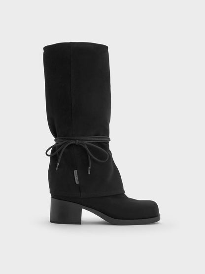 CHARLES & KEITH Latest / Faux Suede Tie-Around Knee-High Boots - Black Textured