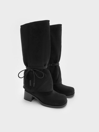 CHARLES & KEITH Latest / Faux Suede Tie-Around Knee-High Boots - Black Textured