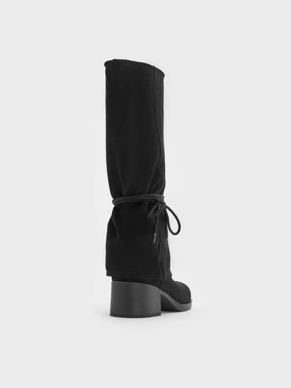 CHARLES & KEITH Latest / Faux Suede Tie-Around Knee-High Boots - Black Textured