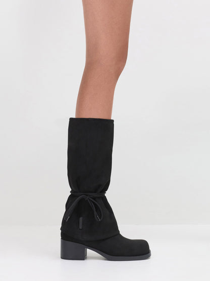 CHARLES & KEITH Latest / Faux Suede Tie-Around Knee-High Boots - Black Textured