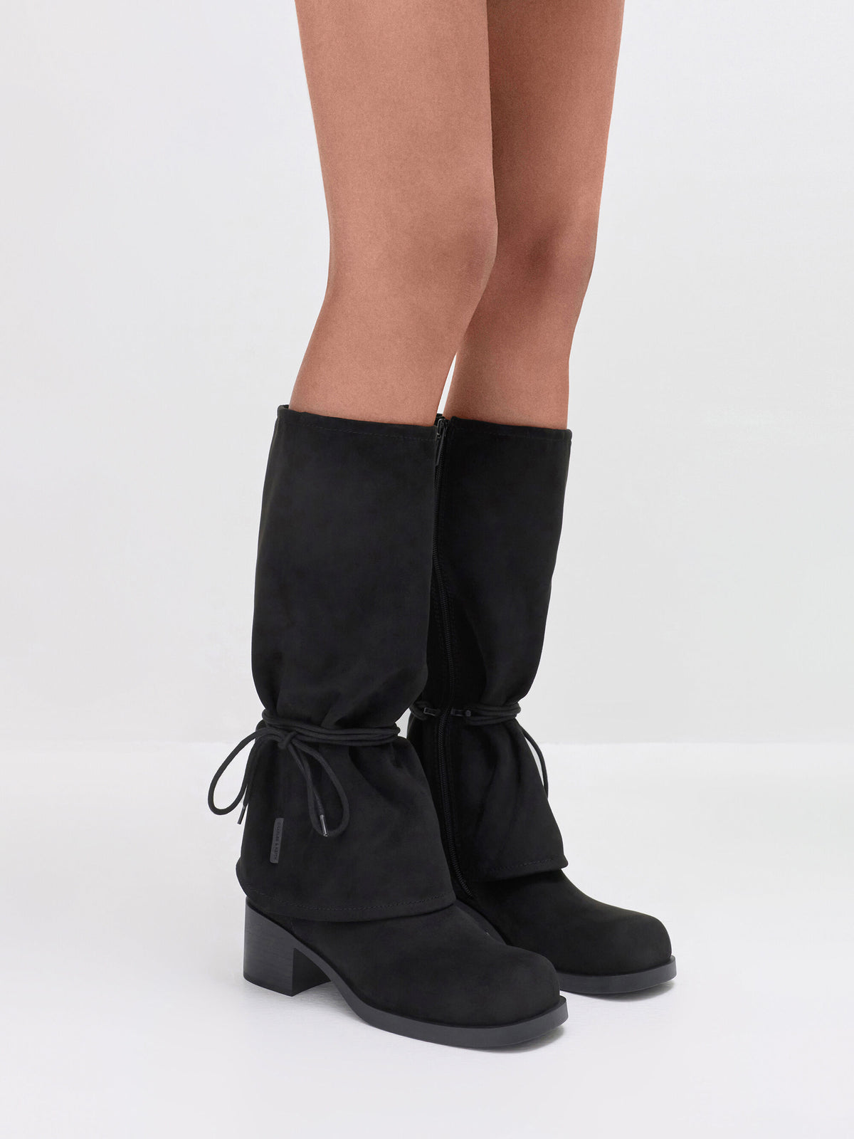 CHARLES & KEITH Latest / Faux Suede Tie-Around Knee-High Boots - Black Textured