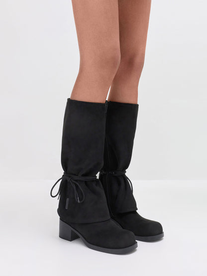 CHARLES & KEITH Latest / Faux Suede Tie-Around Knee-High Boots - Black Textured