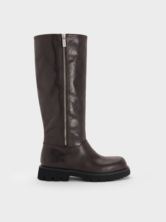 CHARLES & KEITH Top Pick / Rosamond Knee-High Boots - Dark Brown Textured