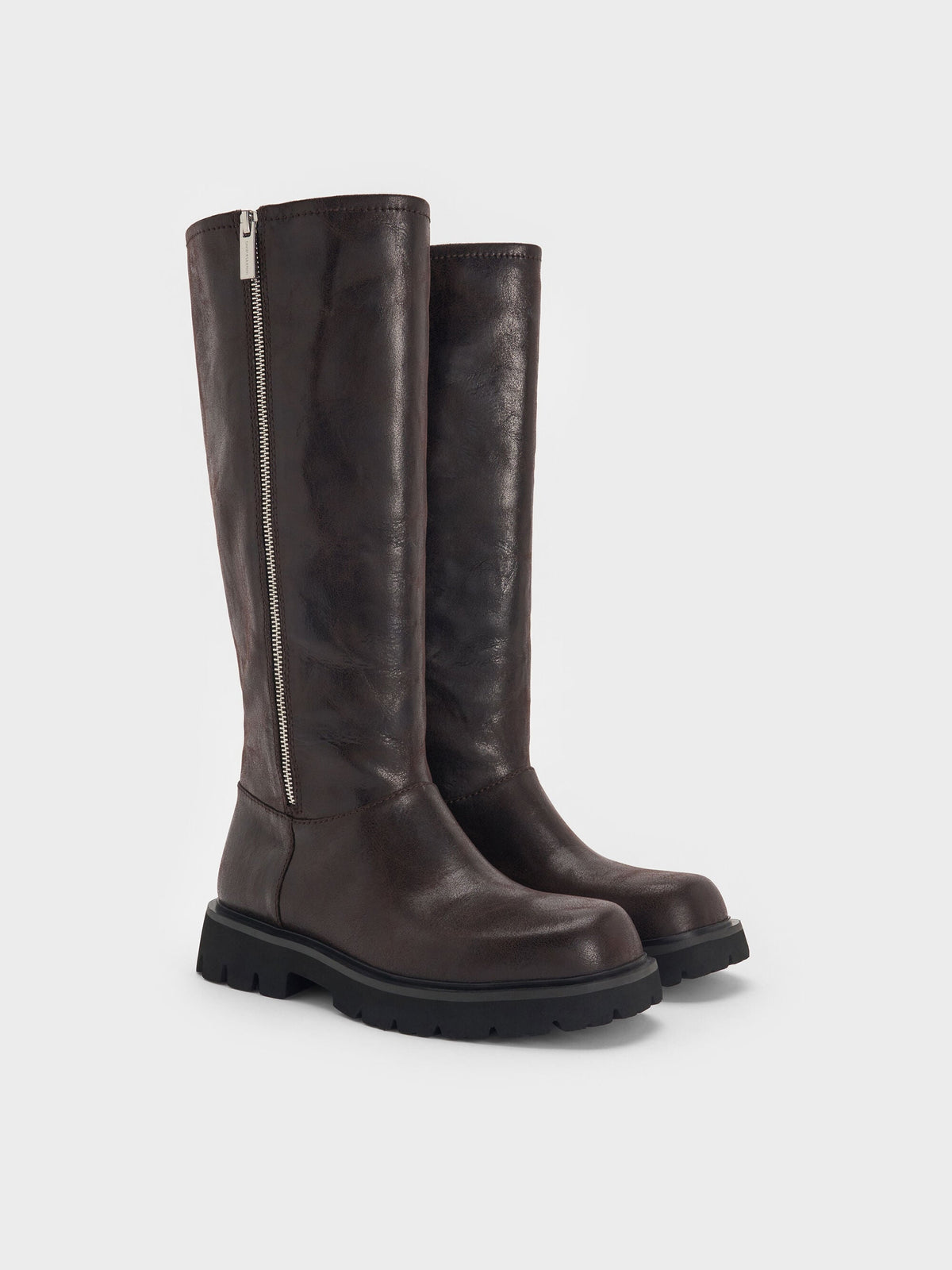 CHARLES & KEITH Top Pick / Rosamond Knee-High Boots - Dark Brown Textured