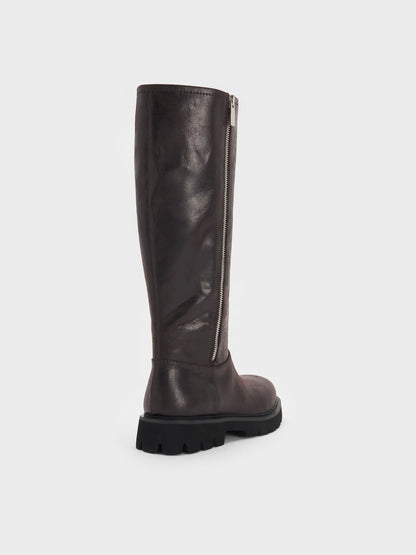 CHARLES & KEITH Top Pick / Rosamond Knee-High Boots - Dark Brown Textured