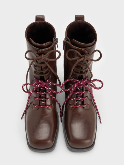 CHARLES & KEITH Signature / Logan Double-Lace Calf Boots - Dark Brown