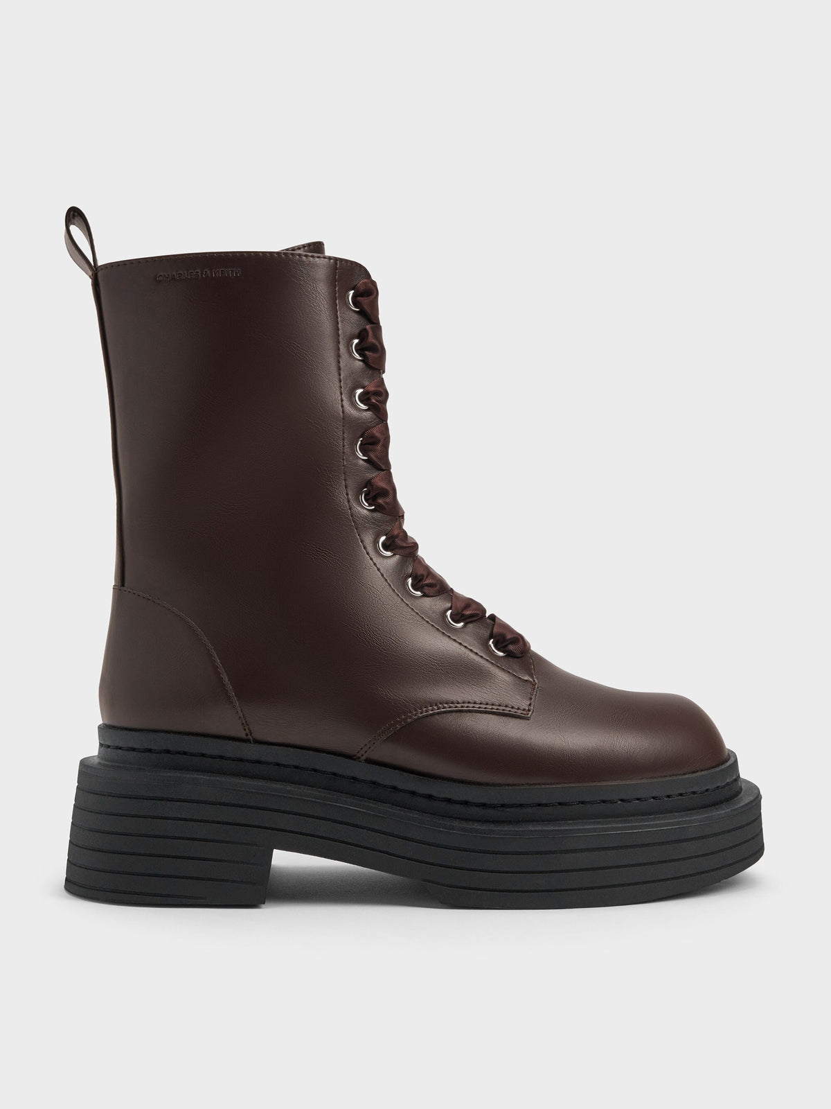 CHARLES & KEITH Signature / Satin-Lace Platform Combat Boots - Dark Brown