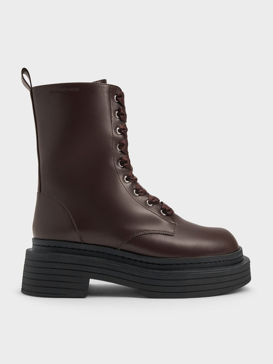 CHARLES & KEITH Signature / Satin-Lace Platform Combat Boots - Dark Brown