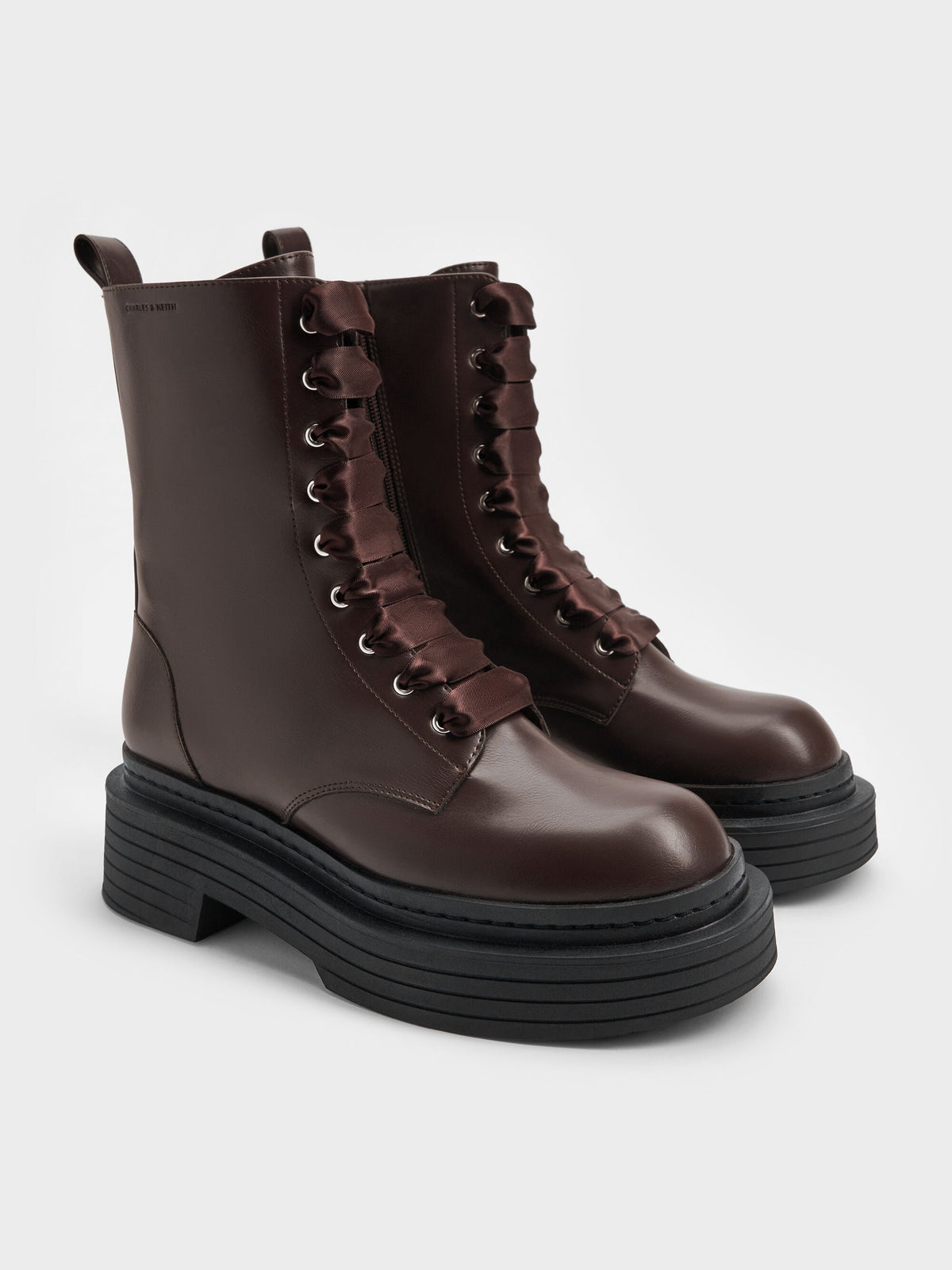 CHARLES & KEITH Signature / Satin-Lace Platform Combat Boots - Dark Brown