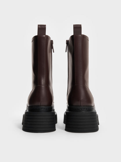 CHARLES & KEITH Signature / Satin-Lace Platform Combat Boots - Dark Brown