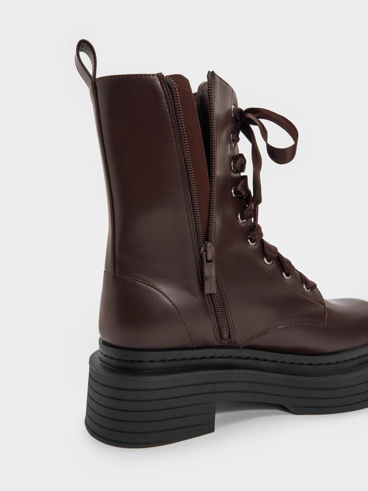 CHARLES & KEITH Signature / Satin-Lace Platform Combat Boots - Dark Brown