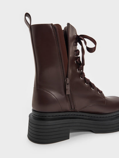 CHARLES & KEITH Signature / Satin-Lace Platform Combat Boots - Dark Brown