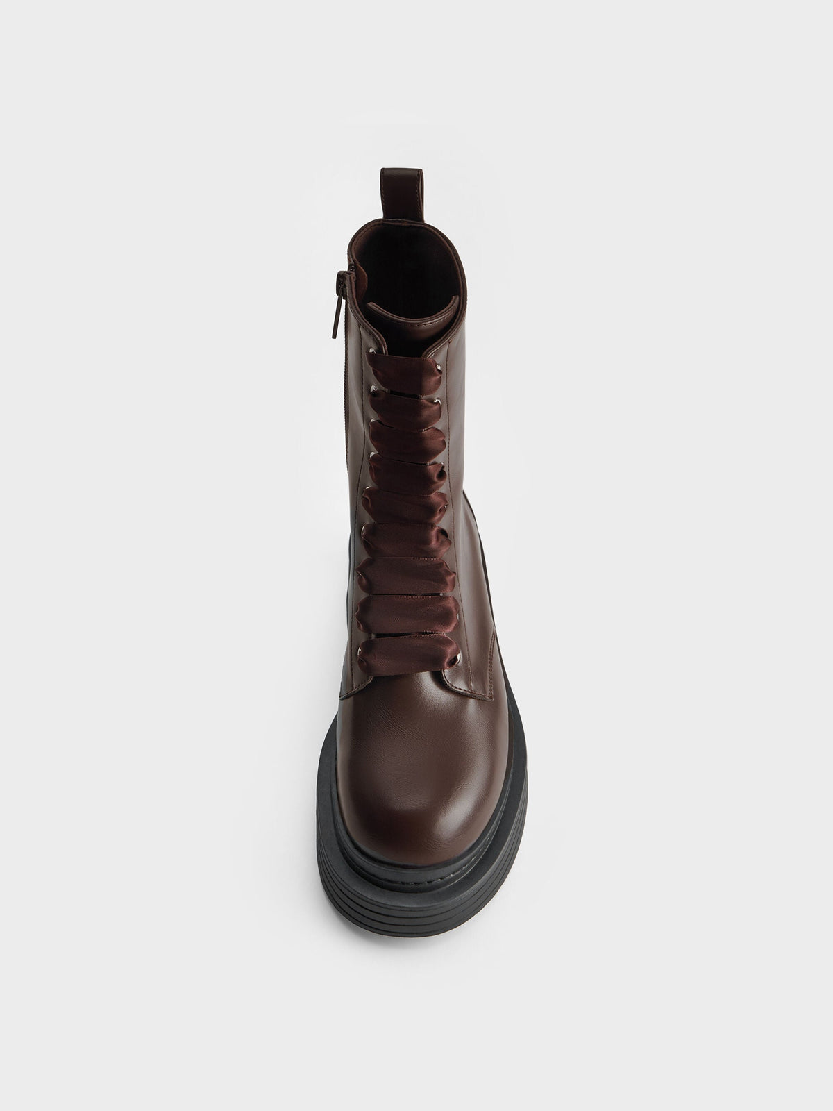 CHARLES & KEITH Signature / Satin-Lace Platform Combat Boots - Dark Brown