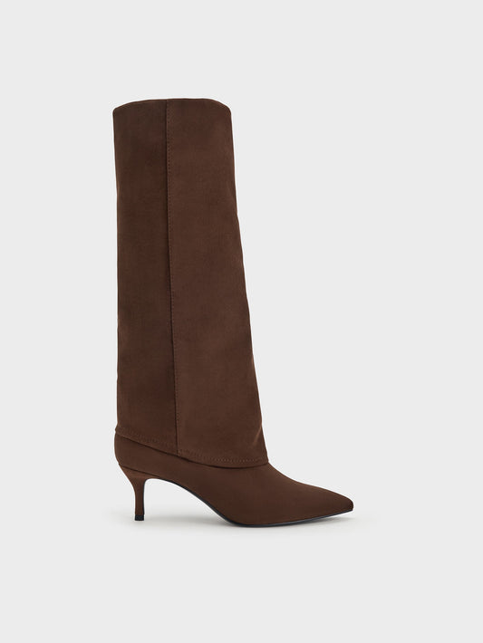 CHARLES & KEITH Quality / Faux Suede Pointed Stiletto Knee-High Boots - Dark Brown Textured