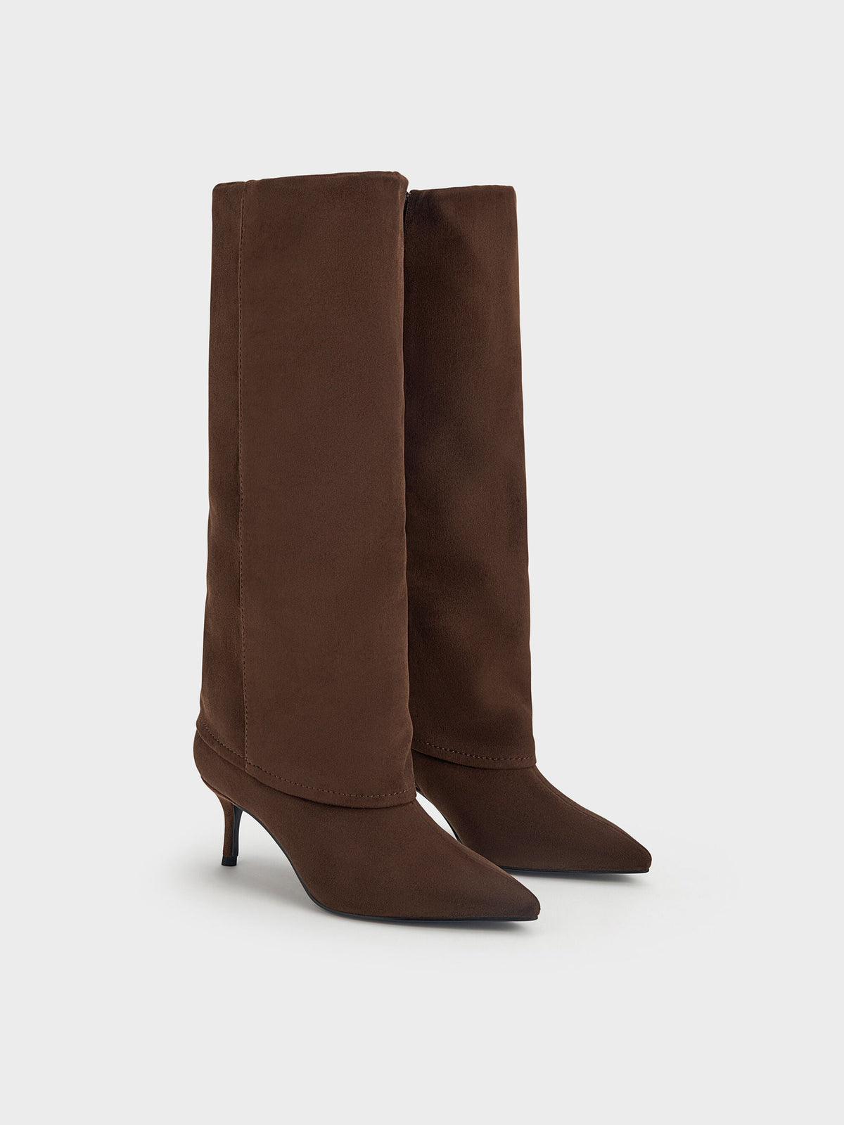 CHARLES & KEITH Quality / Faux Suede Pointed Stiletto Knee-High Boots - Dark Brown Textured