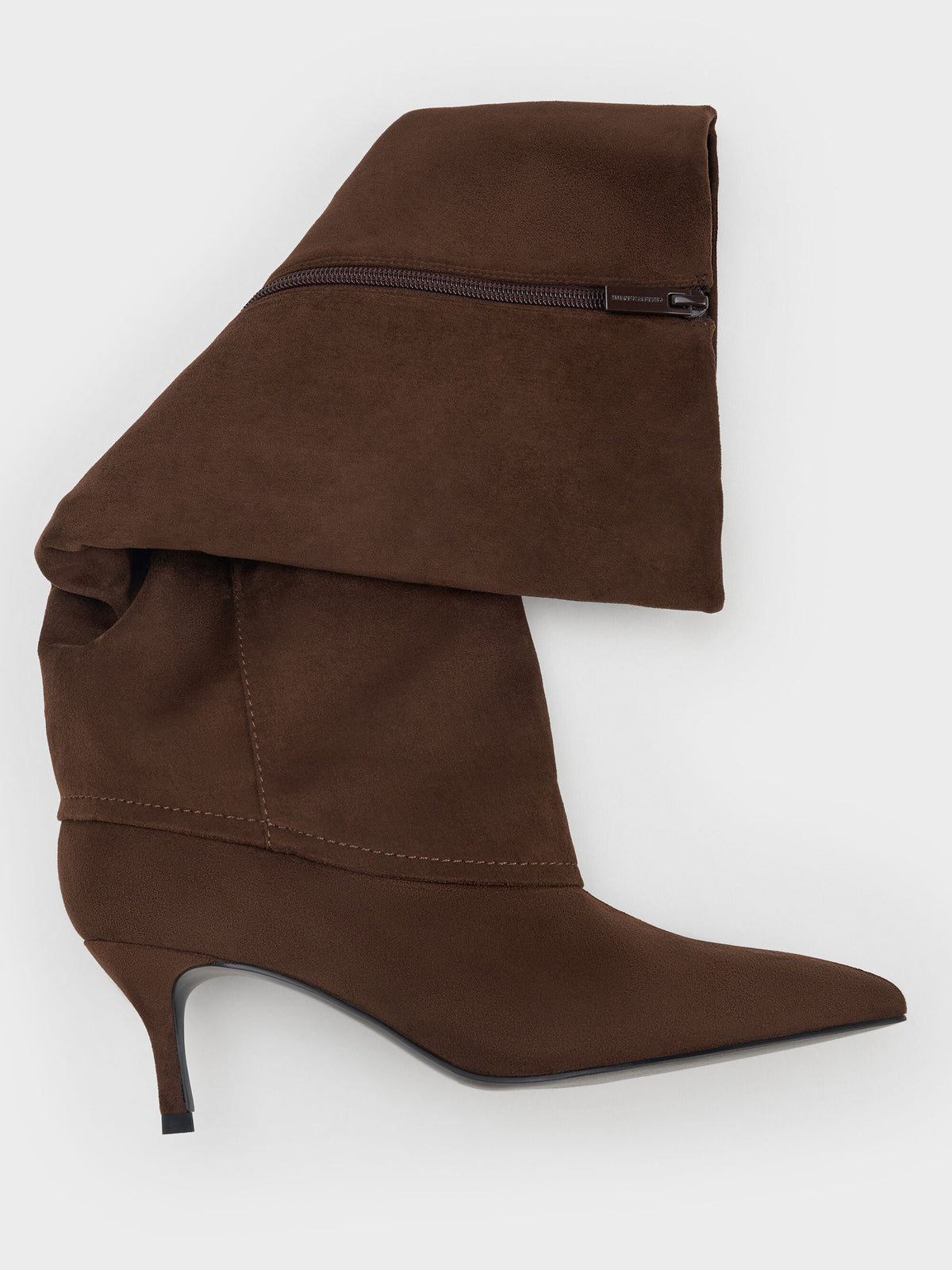 CHARLES & KEITH Quality / Faux Suede Pointed Stiletto Knee-High Boots - Dark Brown Textured