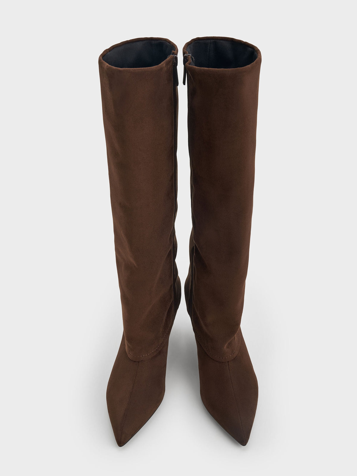 CHARLES & KEITH Quality / Faux Suede Pointed Stiletto Knee-High Boots - Dark Brown Textured