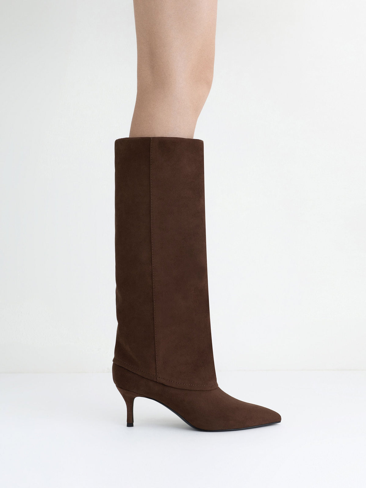 CHARLES & KEITH Quality / Faux Suede Pointed Stiletto Knee-High Boots - Dark Brown Textured