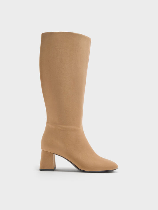 CHARLES & KEITH Best Seller / Faux Suede Square-Toe Knee-High Boots - Sand