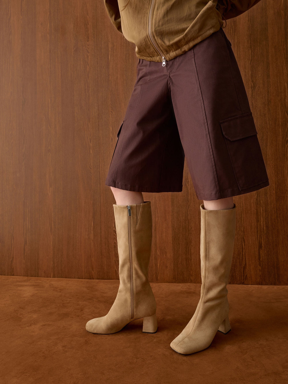 CHARLES & KEITH Best Seller / Faux Suede Square-Toe Knee-High Boots - Sand