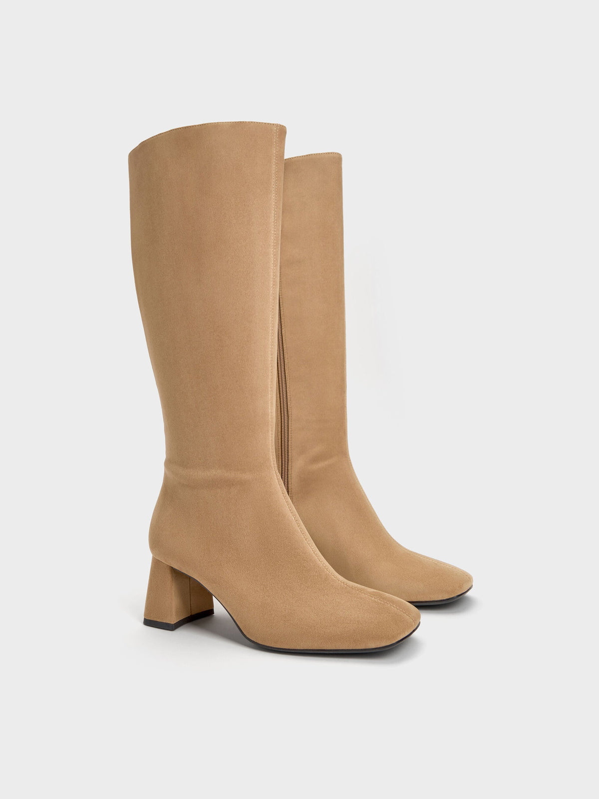 CHARLES & KEITH Best Seller / Faux Suede Square-Toe Knee-High Boots - Sand