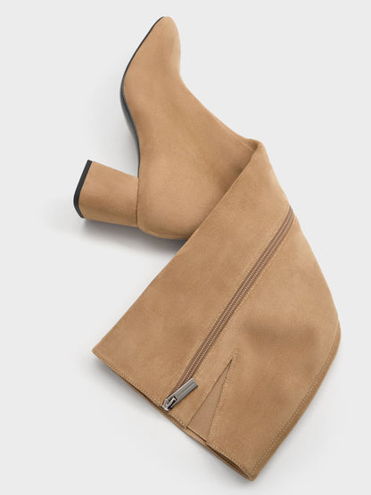 CHARLES & KEITH Best Seller / Faux Suede Square-Toe Knee-High Boots - Sand