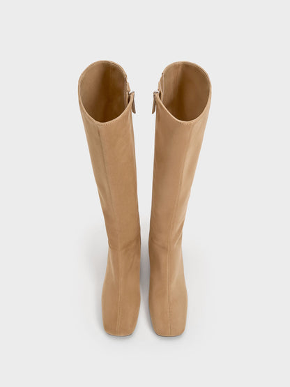 CHARLES & KEITH Best Seller / Faux Suede Square-Toe Knee-High Boots - Sand