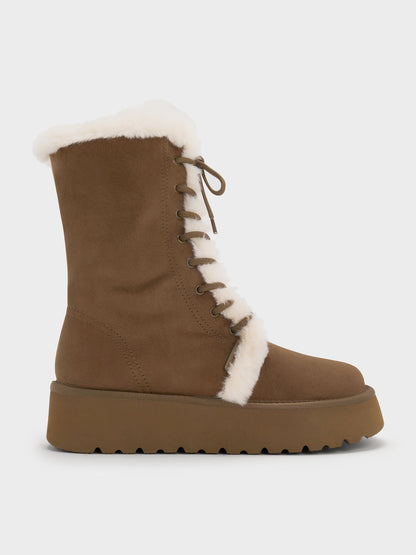 CHARLES & KEITH Great Value / Faux Suede & Faux Fur Flatform Boots - Brown