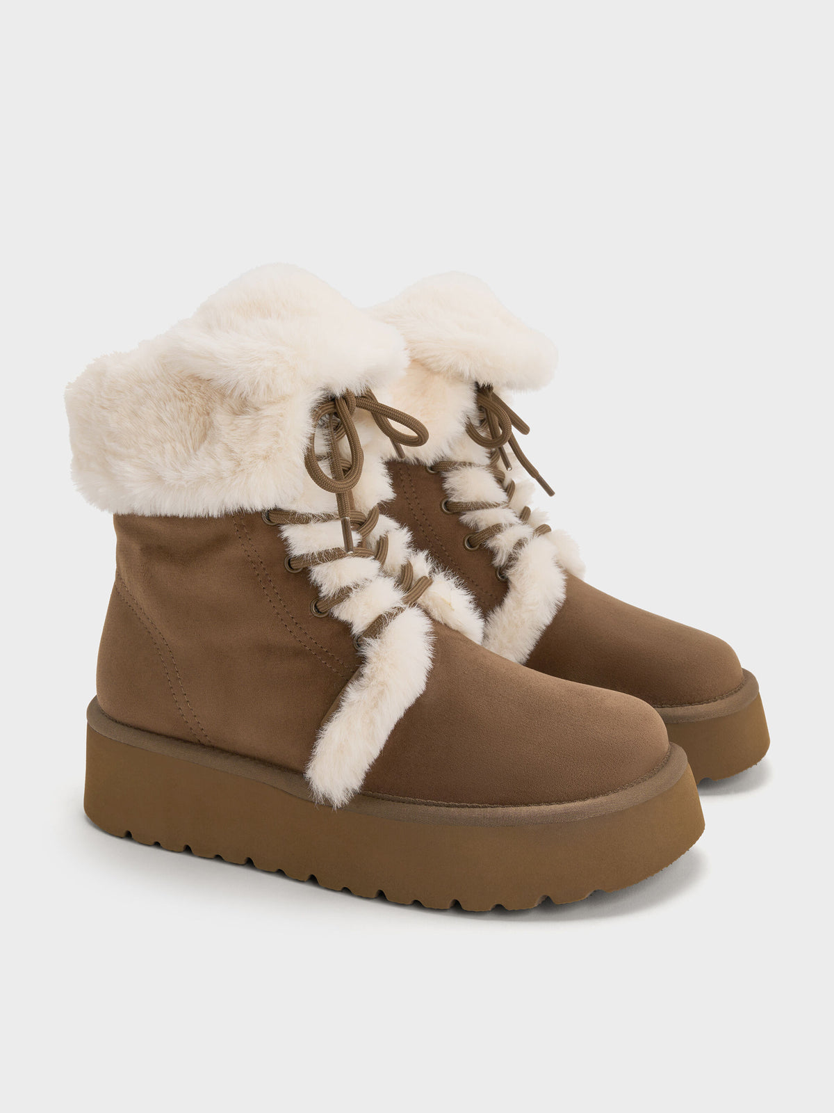 CHARLES & KEITH Great Value / Faux Suede & Faux Fur Flatform Boots - Brown