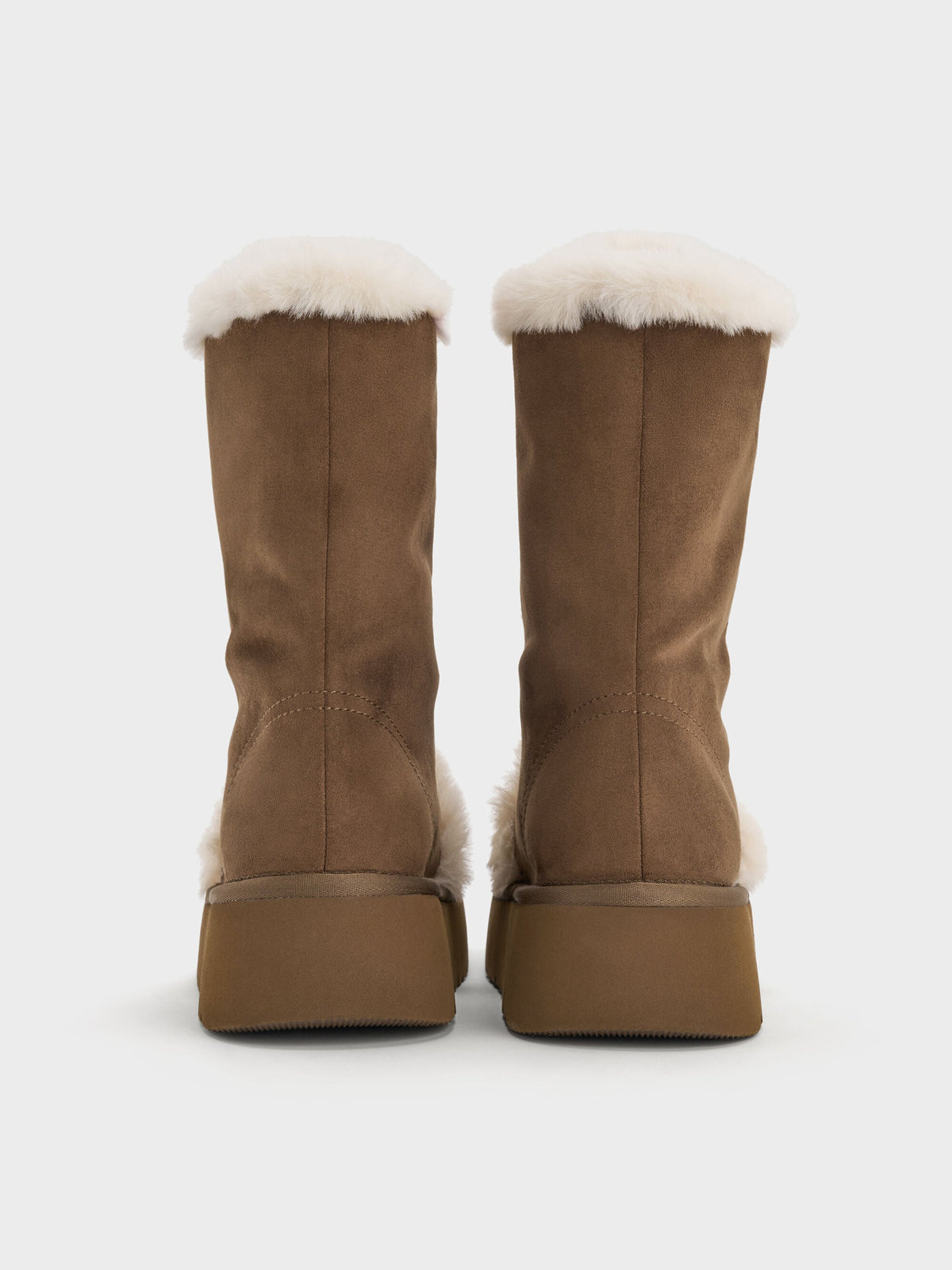 CHARLES & KEITH Great Value / Faux Suede & Faux Fur Flatform Boots - Brown