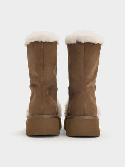 CHARLES & KEITH Great Value / Faux Suede & Faux Fur Flatform Boots - Brown