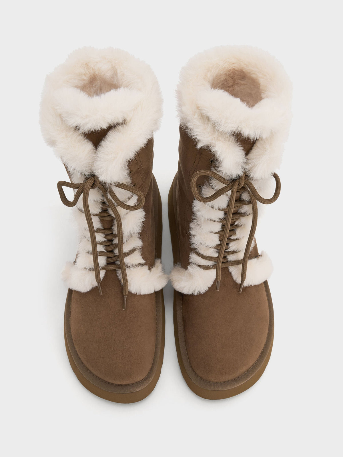 CHARLES & KEITH Great Value / Faux Suede & Faux Fur Flatform Boots - Brown