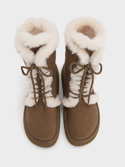 CHARLES & KEITH Great Value / Faux Suede & Faux Fur Flatform Boots - Brown