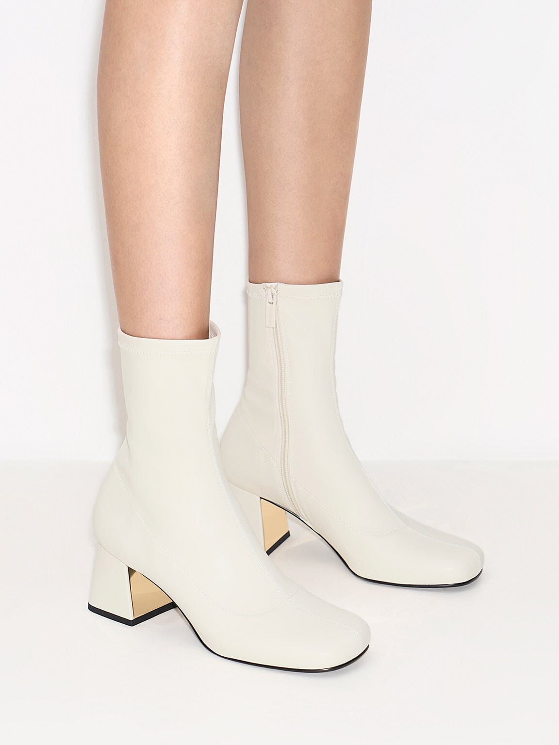 CHARLES & KEITH Deals / Jully Metallic Trapeze Heel Ankle Boots - Chalk
