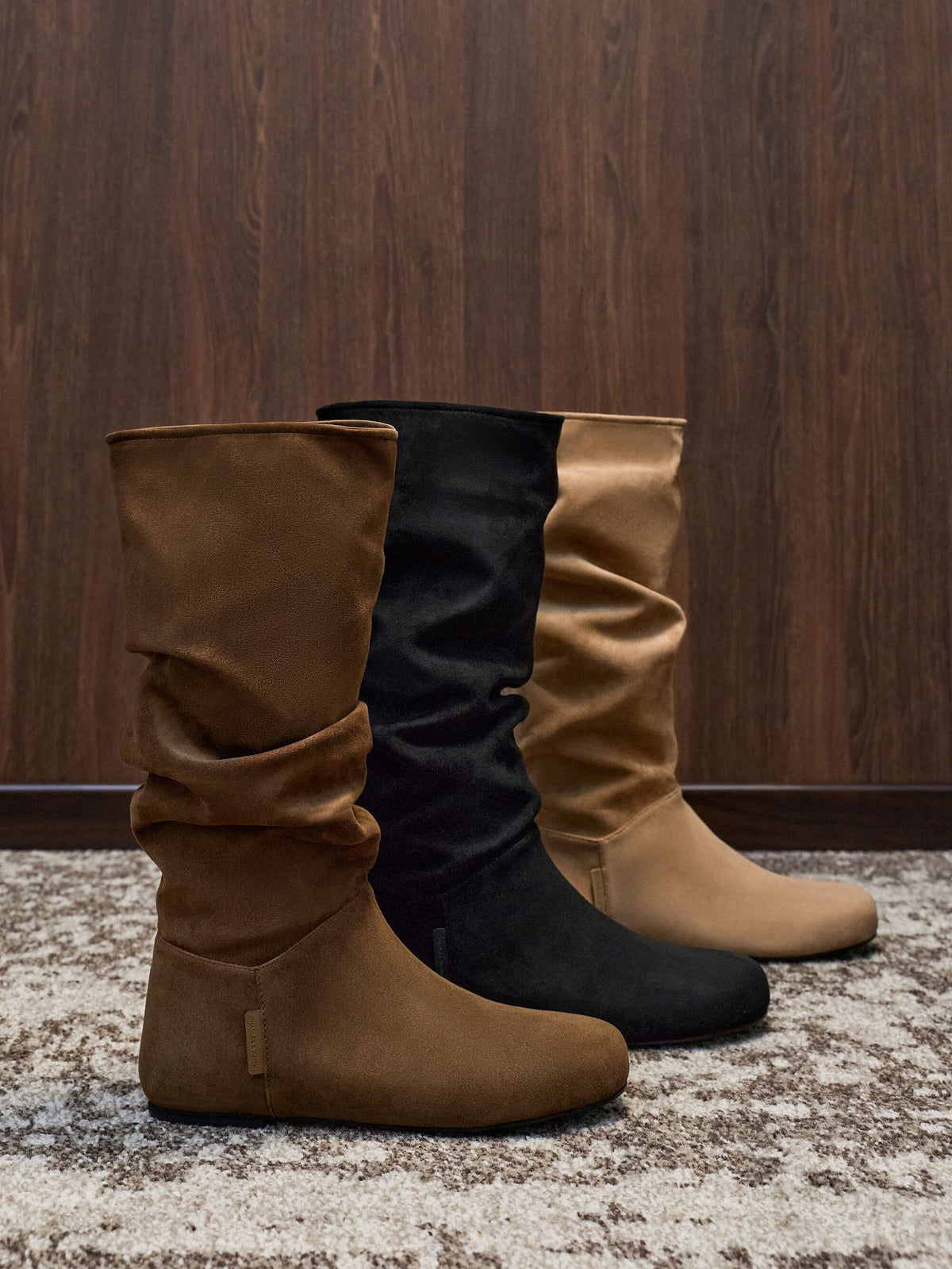 CHARLES & KEITH Great Value / Faux Suede Ruched Knee-High Boots - Black Textured