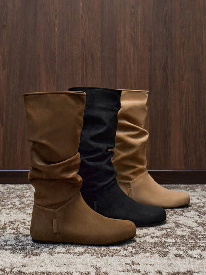 CHARLES & KEITH Great Value / Faux Suede Ruched Knee-High Boots - Black Textured