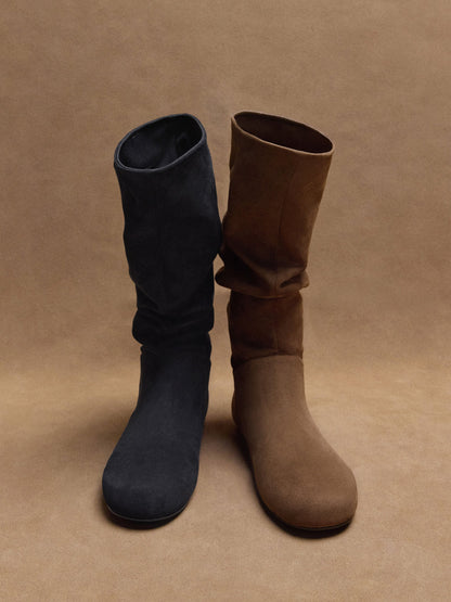 CHARLES & KEITH Great Value / Faux Suede Ruched Knee-High Boots - Black Textured