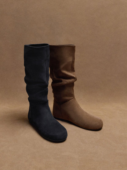 CHARLES & KEITH Great Value / Faux Suede Ruched Knee-High Boots - Black Textured