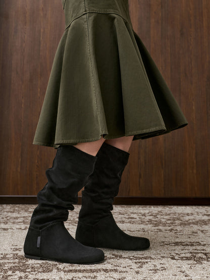 CHARLES & KEITH Great Value / Faux Suede Ruched Knee-High Boots - Black Textured