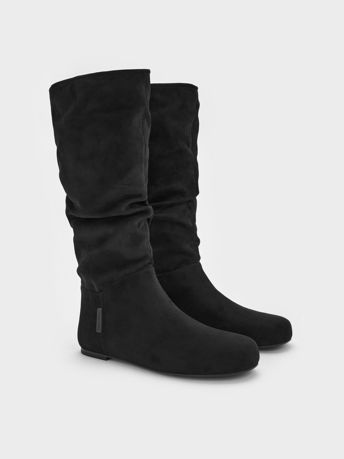 CHARLES & KEITH Great Value / Faux Suede Ruched Knee-High Boots - Black Textured