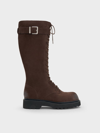 CHARLES & KEITH Essential / Darian Faux Suede Knee-High Boots - Dark Brown Textured